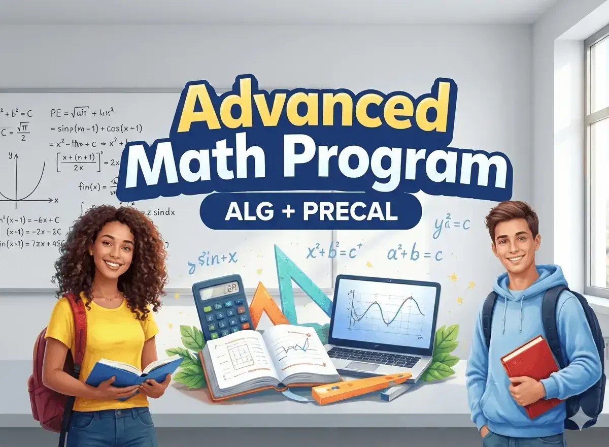 Advanced Math (Algebra II + Precalculus): Accelerated track covering Algebra 2 and Pre-Calculus fundamentals.