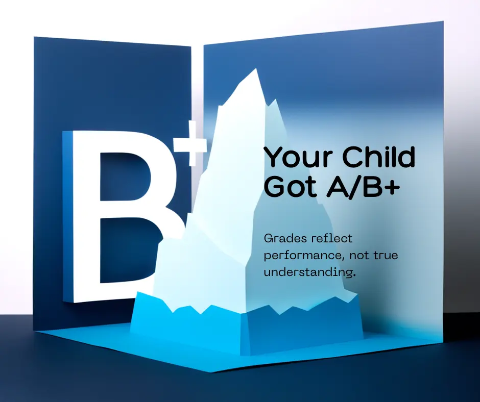Iceberg metaphor: a B+ grade is the visible tip; hidden math gaps lie beneath